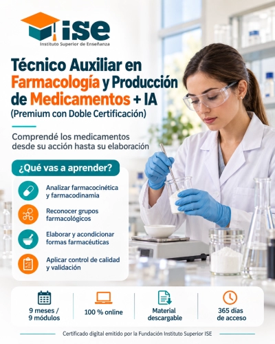 Técnico Auxiliar en Farmacología y Producción de Medicamentos + IA (Premium con Doble Certificación)
