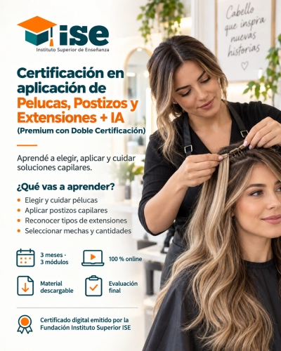 Certificación en aplicación de Pelucas, Postizos y Extensiones + IA (Premium con Doble Certificación)