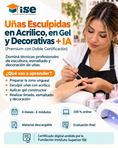 Uñas Esculpidas en Acrílico, en Gel y Decorativas + IA (Premium con Doble Certificación)