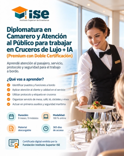 Diplomatura en Camarero y Atención al Público para trabajar en Cruceros de Lujo + IA (Premium con Doble Certificación)