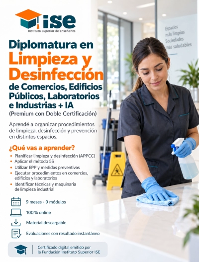 Diplomatura en Limpieza y Desinfección de Comercios, Edificios Públicos, Laboratorios e Industrias + IA (Premium con Doble Certificación)